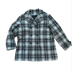 Eddie Bauer wool double-breasted pea coat, black & creamy white plaid, ladies XL